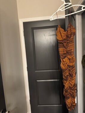 Ruched Strappy Maxi Dress in Rust Brown